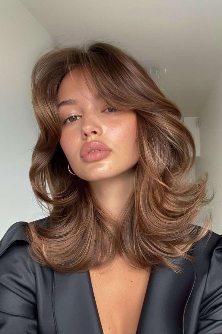 Kobeita w brązowych włosach na tle pokoju we fryzurze w stylu butterfly cut