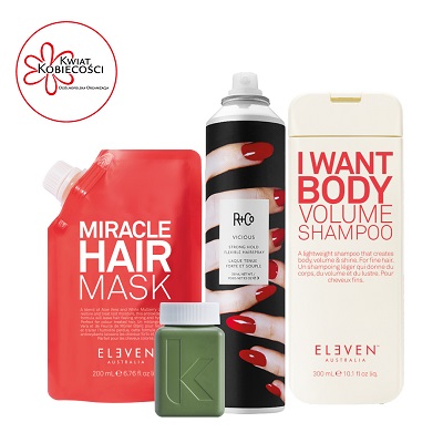 szampon I Want Body Volume, maskę Miracle Hair Mask, lakier Strong Hold Flexible R+Co oraz mini Maxi Wash Kevin Murphy.